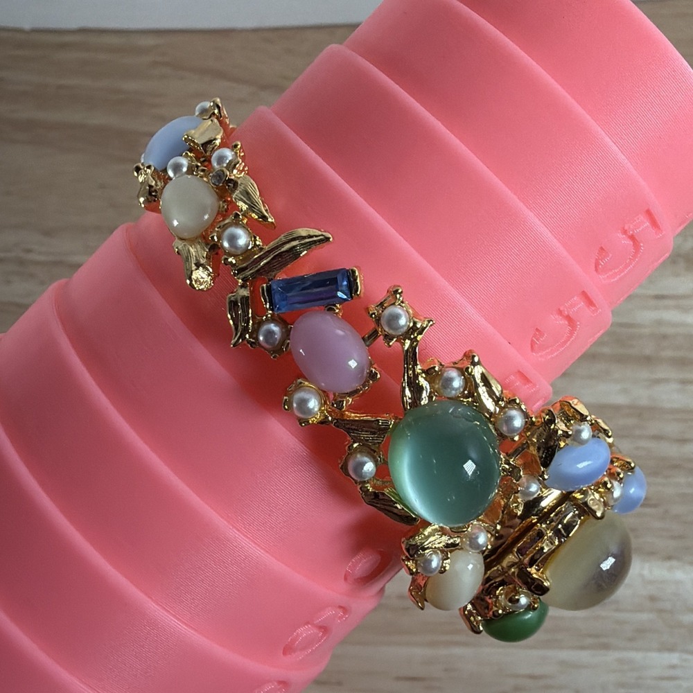 Spatz Hidden Dial Gold Tone Cabochon Watch Moonstone Pearl Bracelet New Battery - Picture 3 of 9